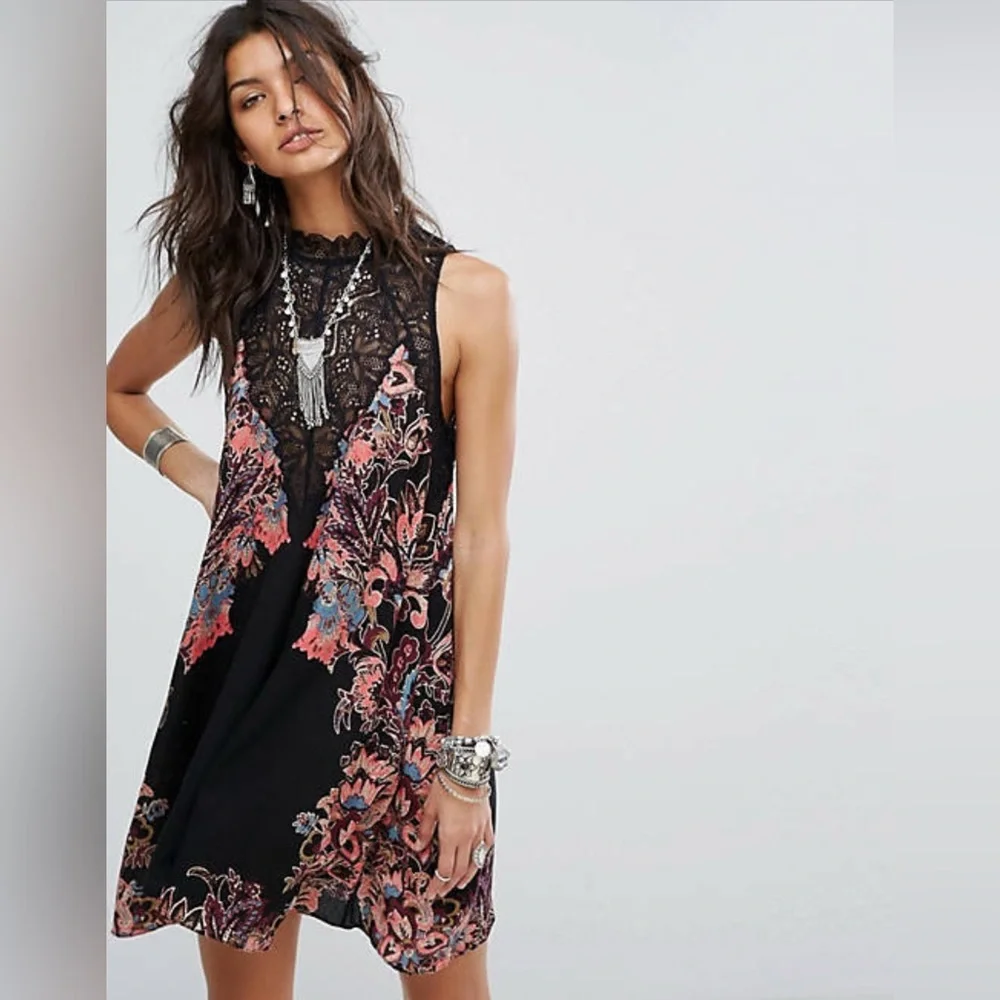 Free People Marsha Black Floral Lace Insert Slip Dress Size S - Picture 2 of 6